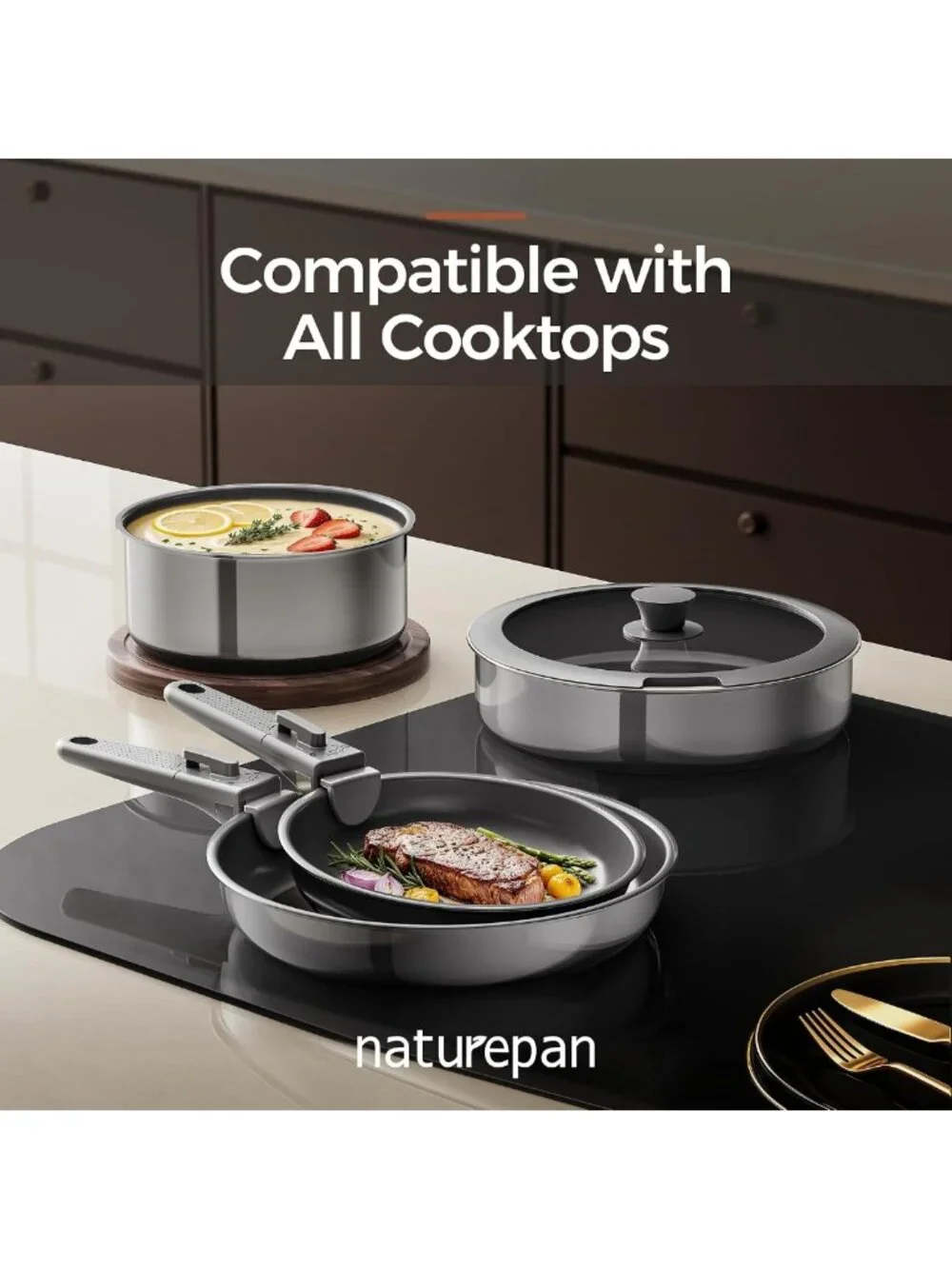 5PCS Non-Stick Cookware Set, Diamond-Titanium Ceramic & Stainless Steel
